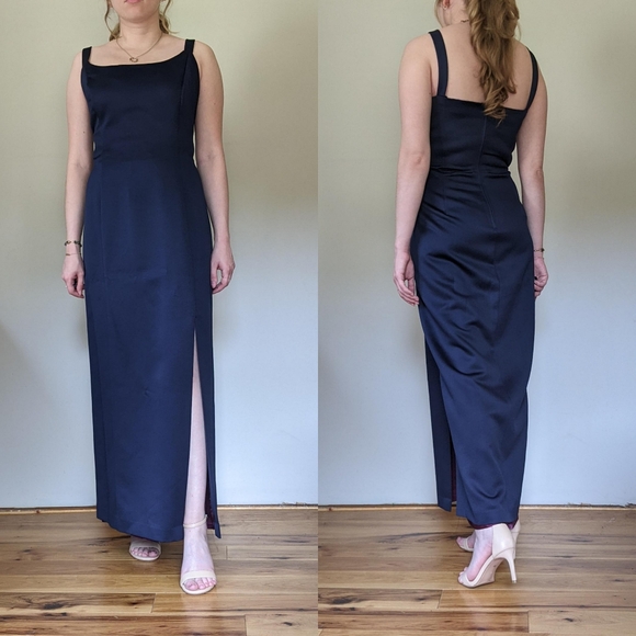 Vintage Navy Satin Evening Gown - Picture 2 of 4